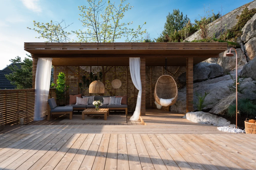 patio seating area with benchmark pine decking