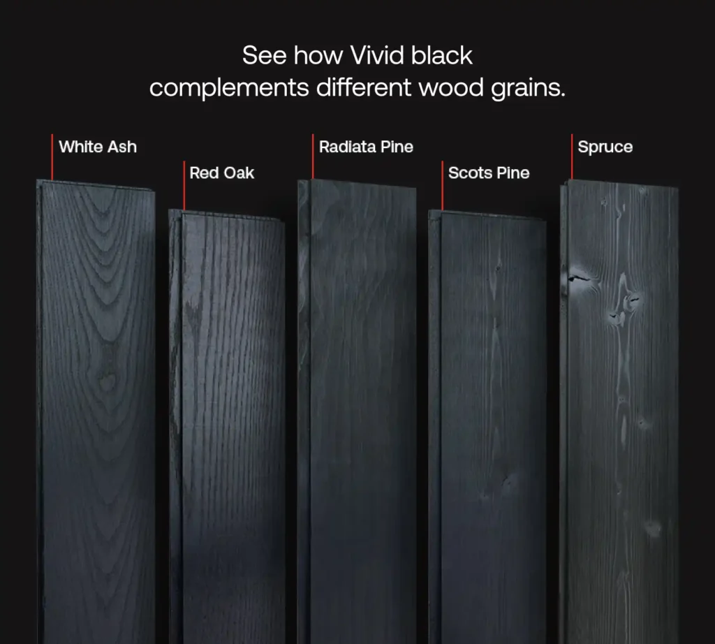 See how Vivid Black complements different wood grains. Image of wood boards with Vivid Black applied.