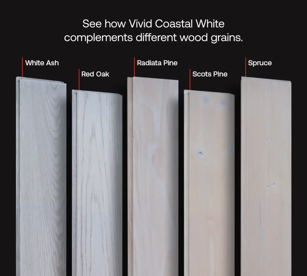 See how Vivid Coastal White complements different wood grains. Image of wood boards with Vivid Coastal White applied.