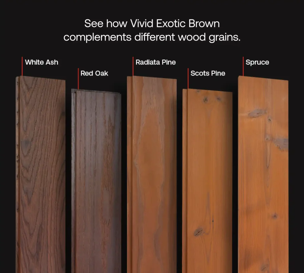 See how Vivid Exotic Brown complements different wood grains. Image of wood boards with Vivid Exotic Brown applied.