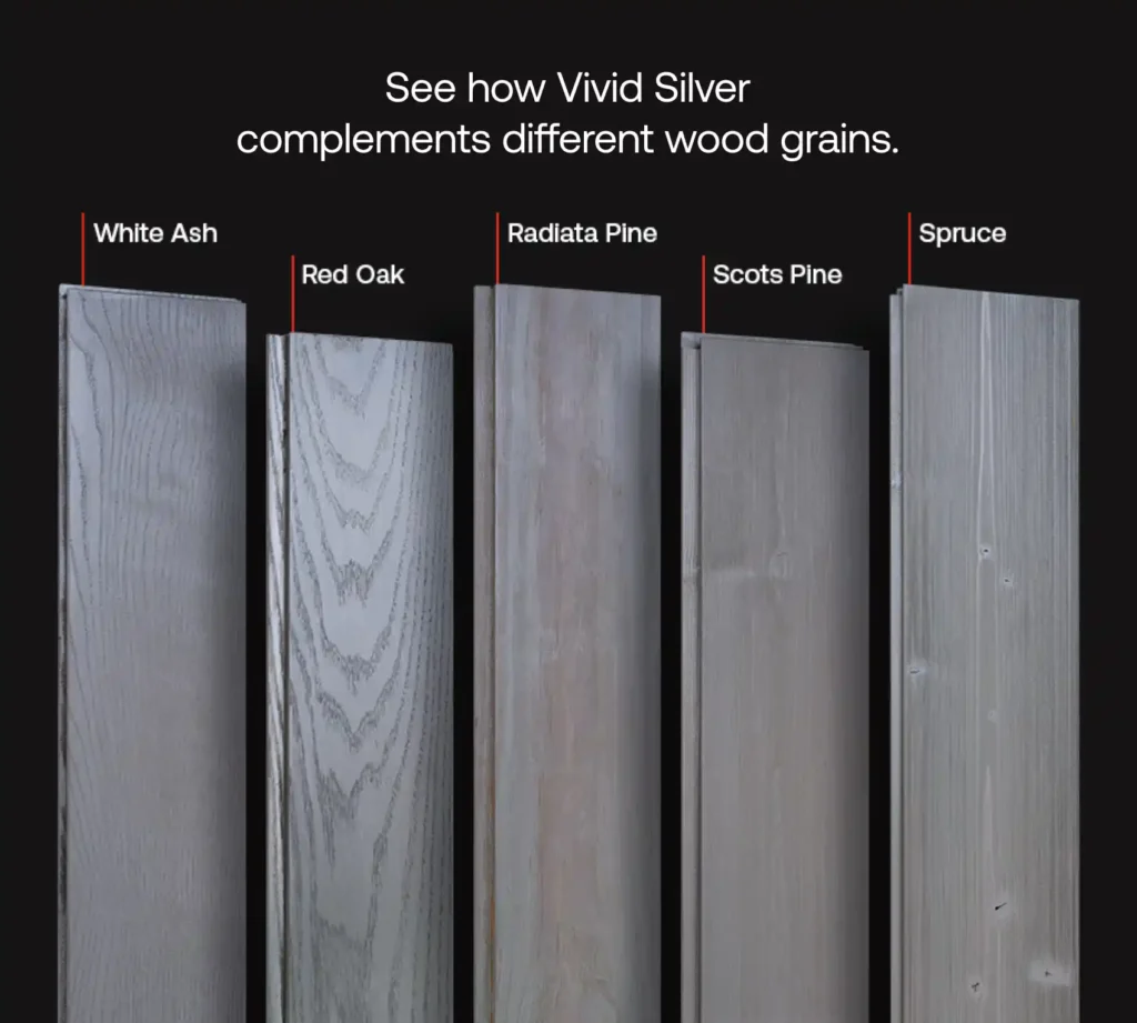 See how Vivid Silver complements different wood grains. Image of wood boards with Vivid Silver applied.