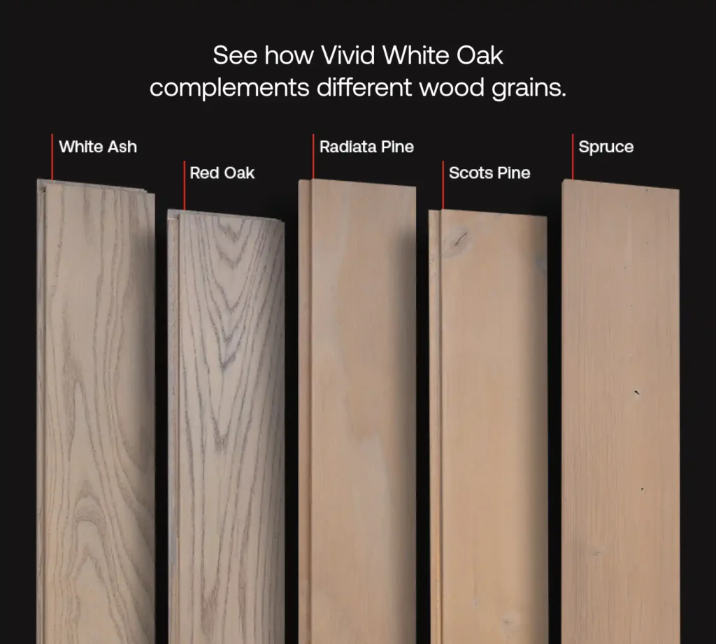 See how Vivid White Oak complements different wood grains. Image of wood boards with Vivid White Oak applied.