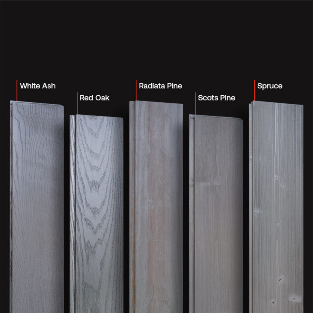 Vivid Silver on Thermory wood, Benchmark Ash, Benchmark Oak, Benchmark Clear Pine, Benchmark Pine, Kodiak Spruce