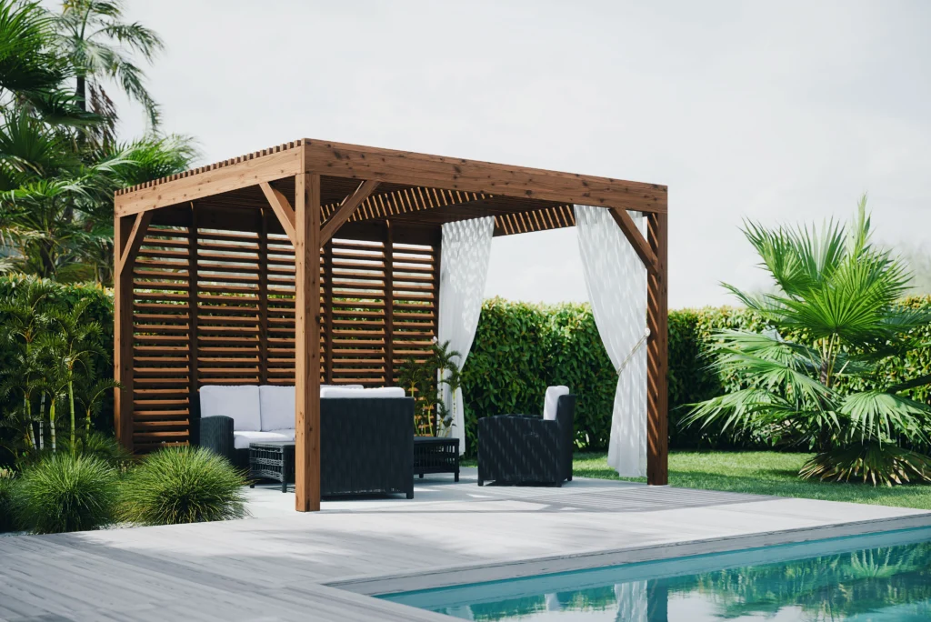 Thermory Benchmark Pine pergola by a swimming pool