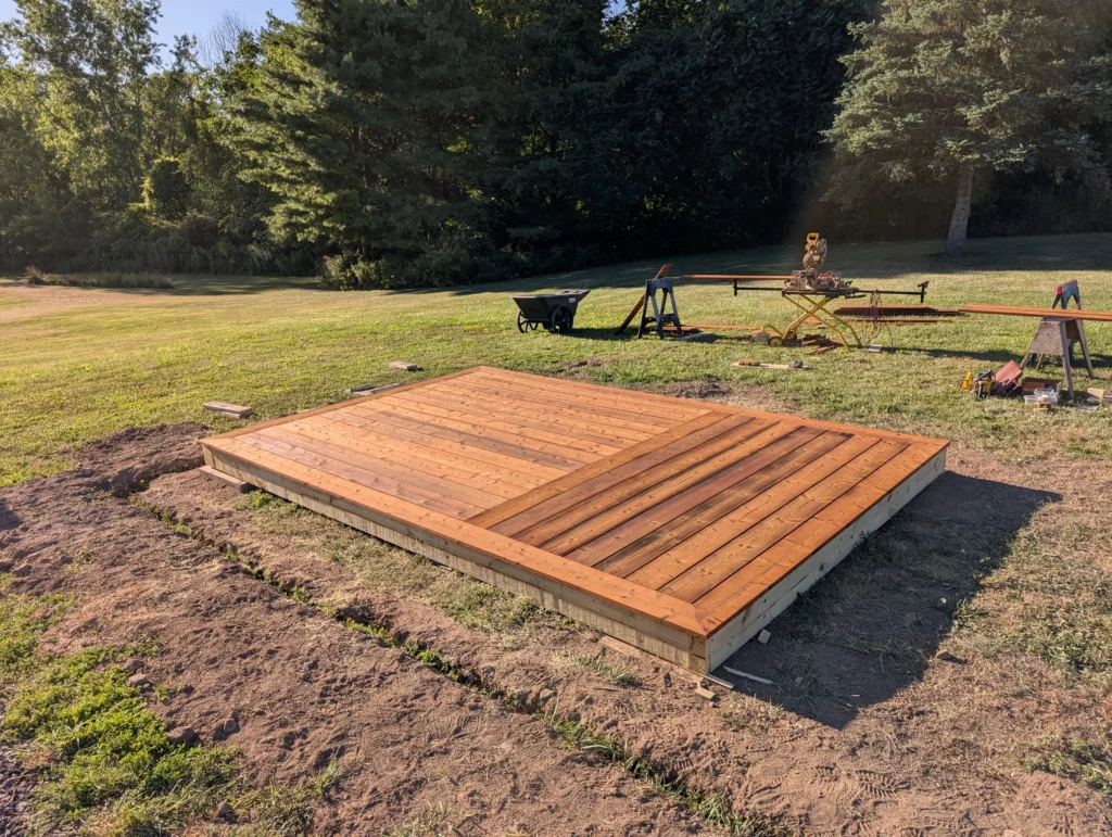 Thermory Kodiak Spruce deck built for sauna kit