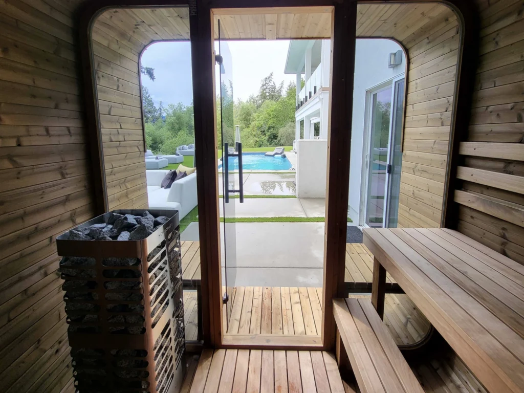 Interior view looking outside of Thermory Sauna Square No41