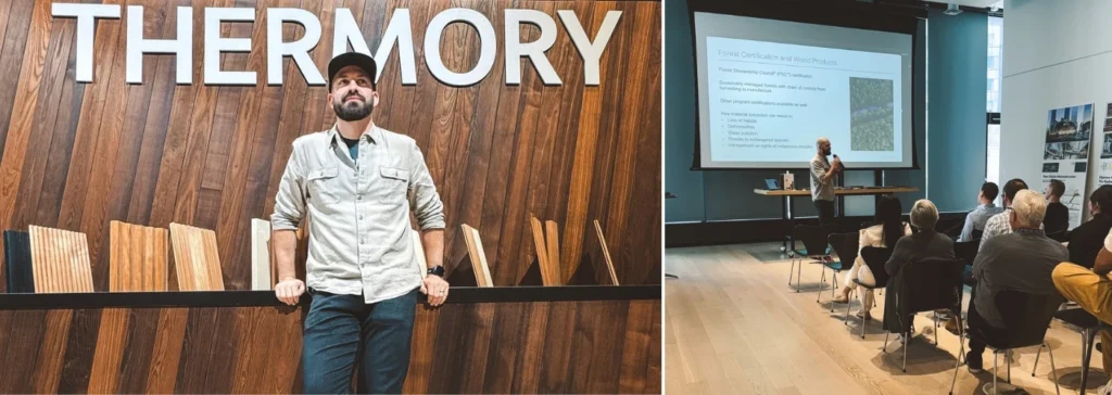 Cristian de Rosa in front of Thermory material next to an image of Cristian giving a CEU