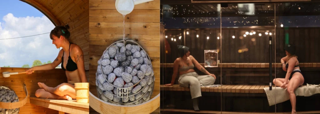 Pictures of saunas next to each other built with Thermory materials