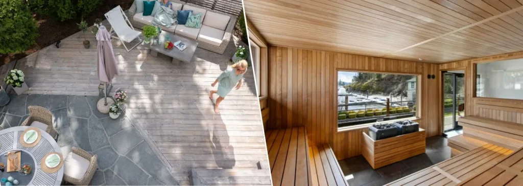 Thermory Benchmark Pine aged deck split image next to Thermory Thermo-Aspen sauna by Symmetry Sauna