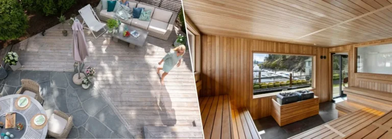 Thermory Benchmark Pine aged deck split image next to Thermory Thermo-Aspen sauna by Symmetry Sauna