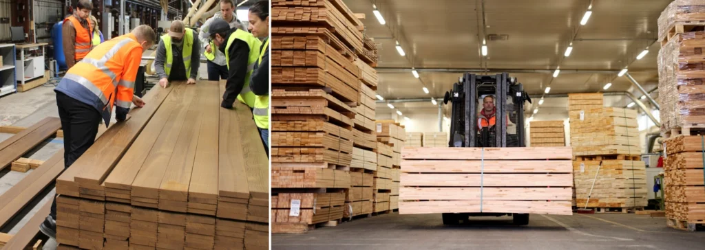 thermory employees looking at wood next to factory worker moving wood with forklift