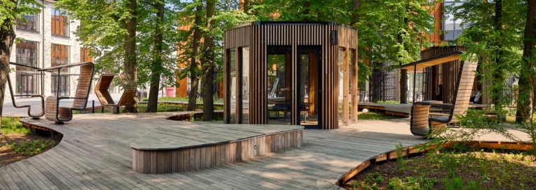 benchmark ash decking in a public space