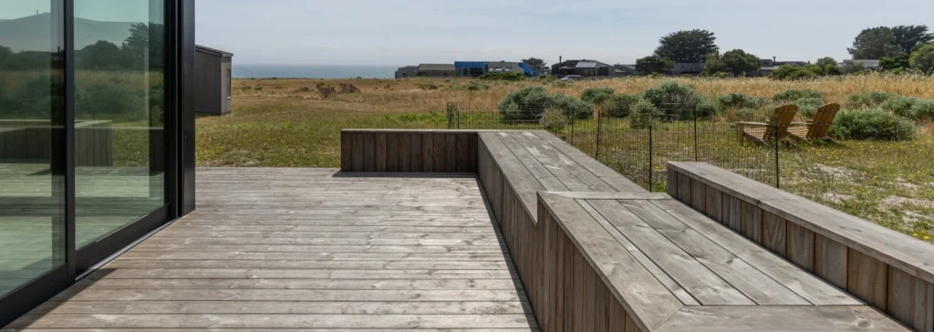 aged benchmark pine decking on hatchway home in california