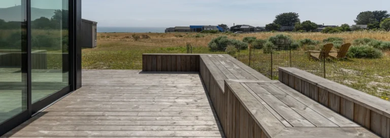 aged benchmark pine decking on hatchway home in california
