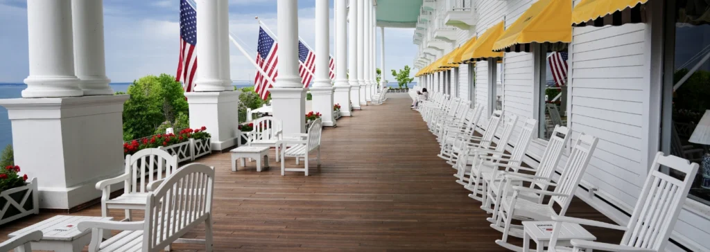grand hotel thermory benchmark ash porch on Mackinac island