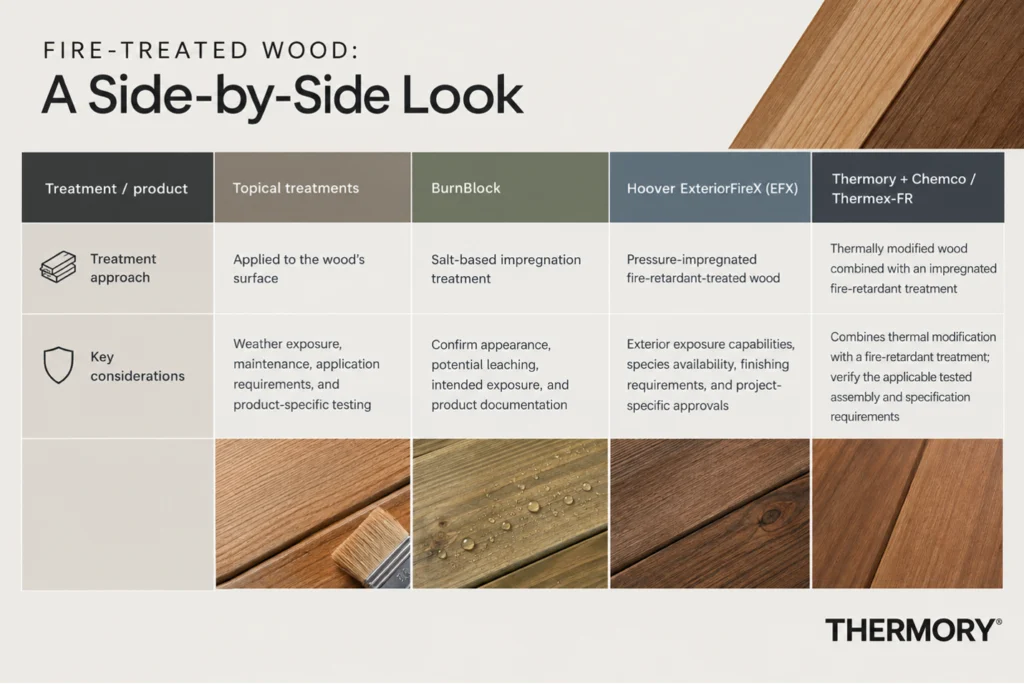 fire-safety comparison chart showing the different treatment options for wood to protect it against fire
